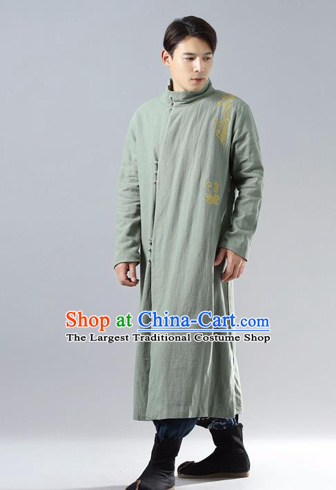 Top Chinese Tang Suit Embroidered Green Dust Coat Traditional Tai Chi Kung Fu Overcoat Costume for Men