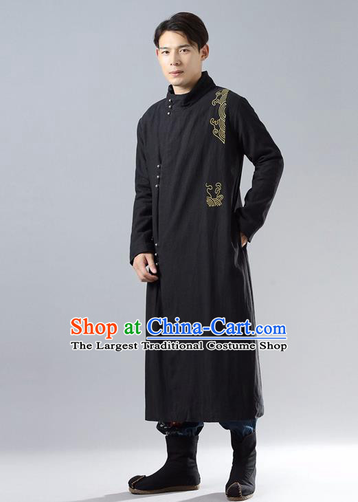 Top Chinese Tang Suit Embroidered Black Dust Coat Traditional Tai Chi Kung Fu Overcoat Costume for Men