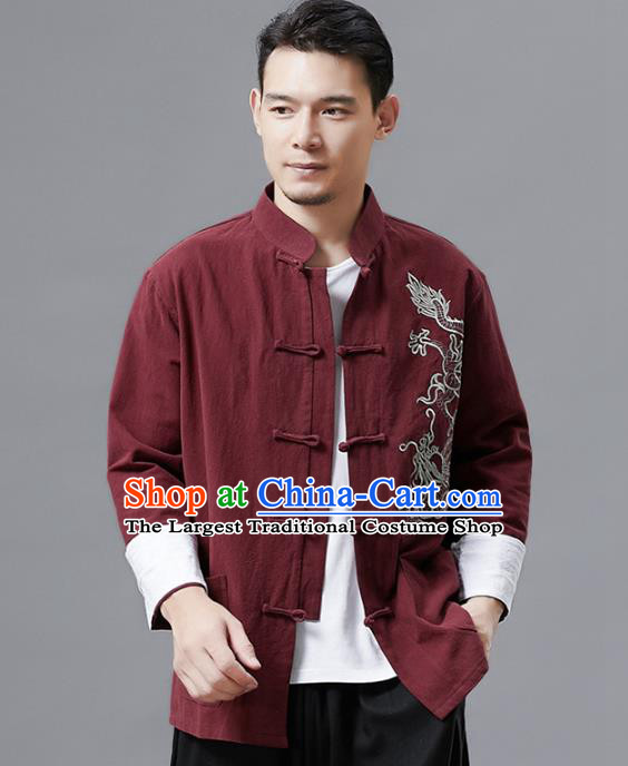 Top Chinese Tang Suit Embroidered Wine Red Flax Jacket Traditional Tai Chi Kung Fu Overcoat Costume for Men