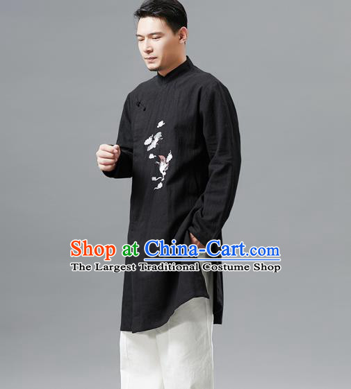 Top Chinese Tang Suit Embroidered Crane Black Flax Jacket Traditional Tai Chi Kung Fu Overcoat Costume for Men