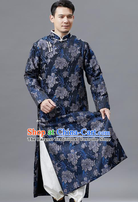 Top Chinese Tang Suit Printing Navy Robe Traditional Republic of China Kung Fu Gown Costumes for Men