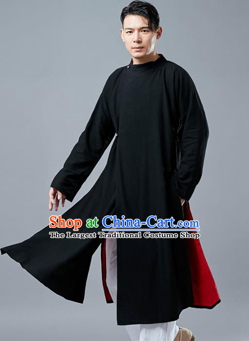 Top Chinese Tang Suit Black Long Coat Traditional Tai Chi Kung Fu Overcoat Costume for Men