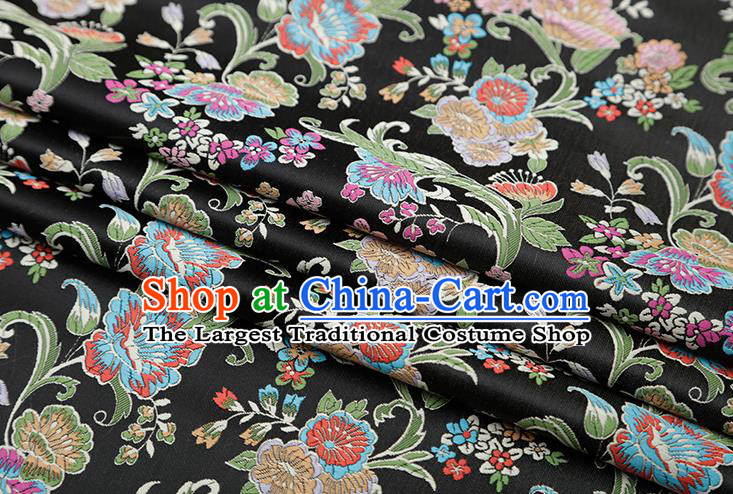 Chinese Traditional Phalaenopsis Pattern Black Brocade Fabric Cheongsam Satin Tapestry Drapery