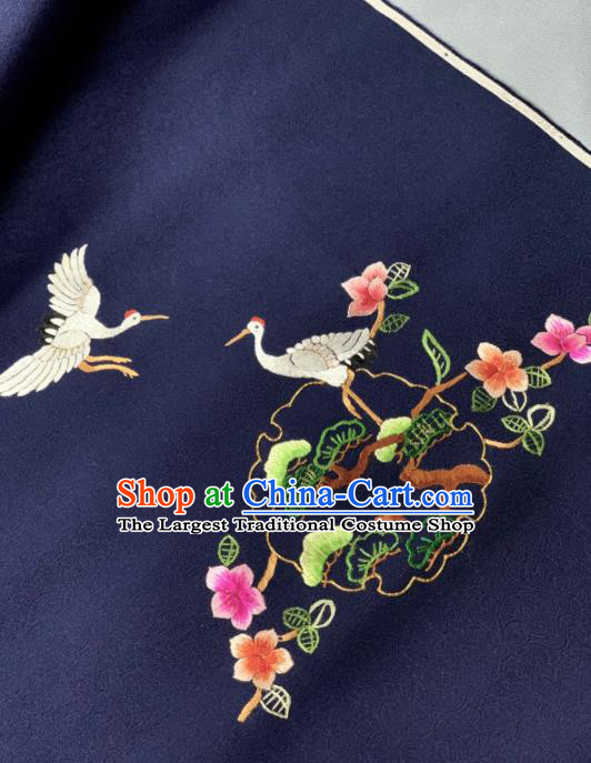 Chinese Classical Embroidered Crane Pine Pattern Design Navy Silk Fabric Asian Traditional Hanfu Brocade Material