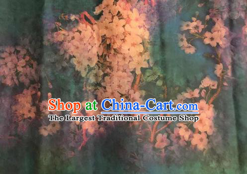 Chinese Traditional Pear Flowers Design Pattern Deep Green Silk Fabric Cheongsam Gambiered Guangdong Gauze Drapery