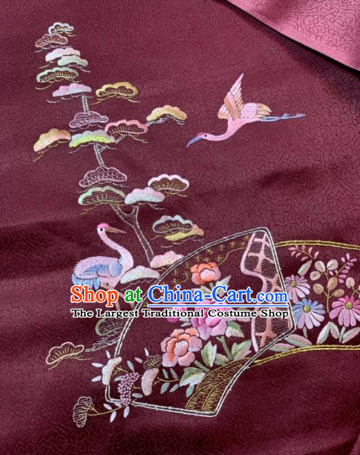 Chinese Classical Embroidered Crane Peony Pattern Design Wine Red Silk Fabric Asian Traditional Hanfu Brocade Material