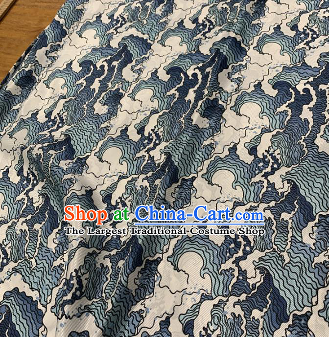 Chinese Traditional Blue Wave Design Pattern Silk Fabric Cheongsam Mulberry Silk Drapery