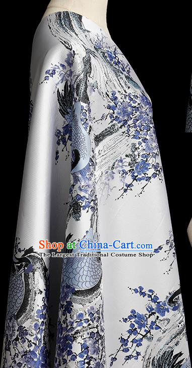 Chinese Traditional Plum Crane Pattern White Brocade Fabric Cheongsam Tapestry Drapery