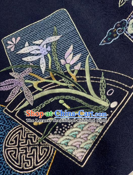 Chinese Classical Embroidered Orchid Pattern Design Navy Silk Fabric Asian Traditional Hanfu Brocade Material