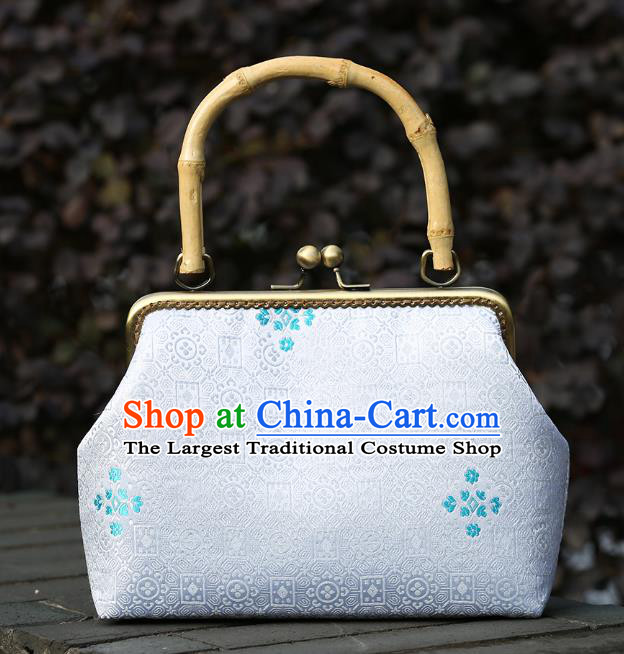 Chinese Traditional Pattern White Brocade Bamboo Handle Bag Handmade Cheongsam Handbag for Women