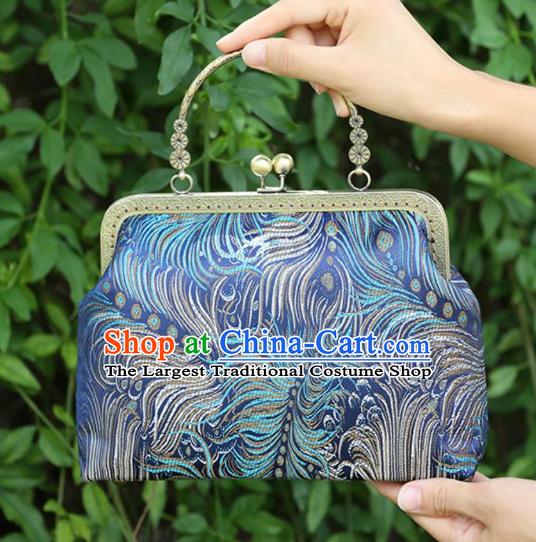 Chinese Traditional Feather Pattern Blue Brocade Bag Handmade Cheongsam Handbag for Women