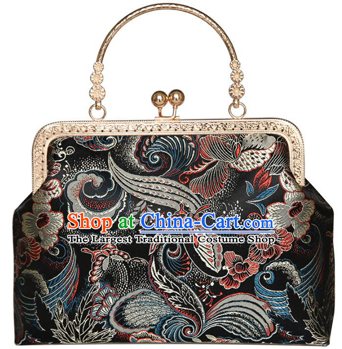 Chinese Traditional Butterfly Orchid Pattern Black Brocade Bag Handmade Cheongsam Silk Handbag for Women