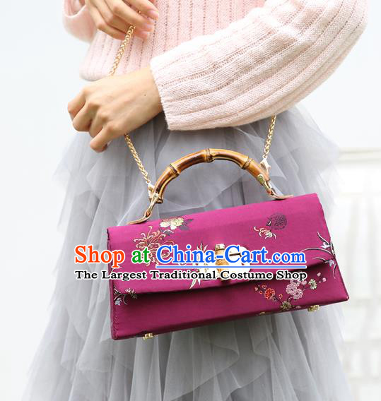 Chinese Traditional Plum Orchid Bamboo Chrysanthemum Pattern Wine Red Brocade Handmade Cheongsam Handbag for Women