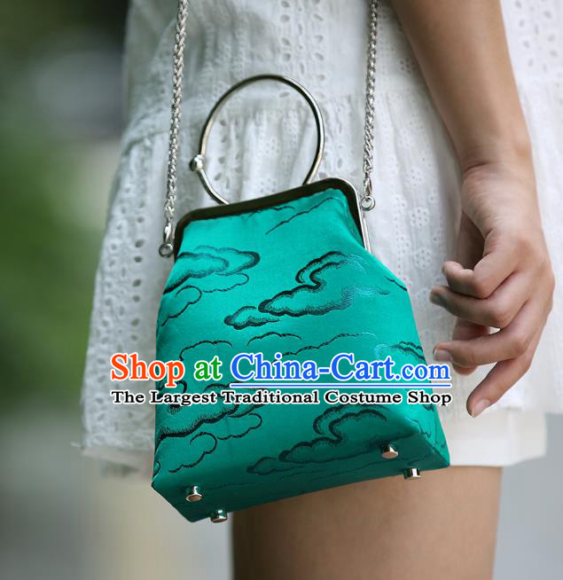 Chinese Traditional Cloud Pattern Green Brocade Bag Handmade Cheongsam Silk Handbag for Women