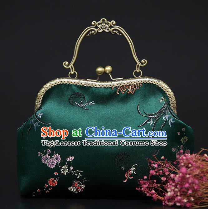 Chinese Traditional Plum Orchid Bamboo Chrysanthemum Pattern Deep Green Brocade Bag Handmade Cheongsam Silk Handbag for Women