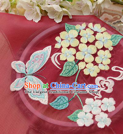 Chinese Traditional Embroidered Hydrangea Butterfly Wine Red Chiffon Applique Accessories Embroidery Patch