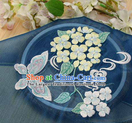 Chinese Traditional Embroidered Hydrangea Butterfly Navy Chiffon Applique Accessories Embroidery Patch