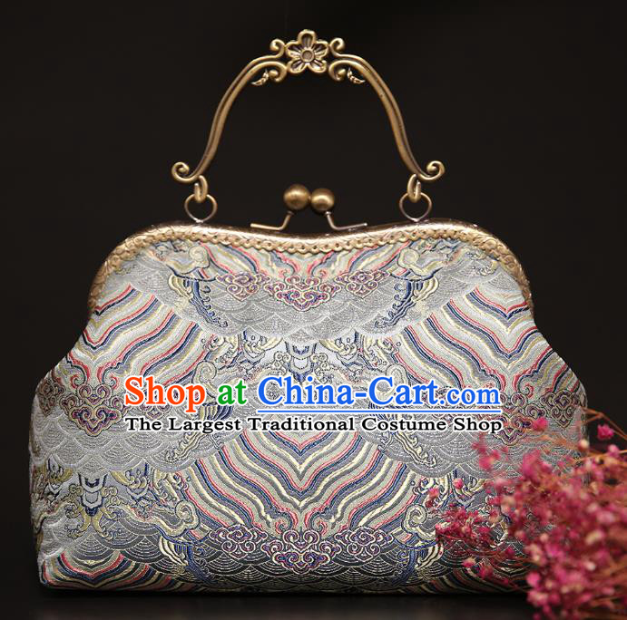 Chinese Traditional Waves Pattern Light Grey Brocade Bag Handmade Cheongsam Silk Handbag for Women