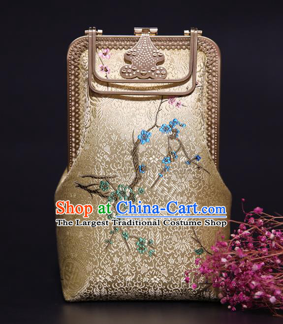 Chinese Traditional Plum Blossom Pattern Golden Brocade Bag Handmade Cheongsam Silk Handbag for Women