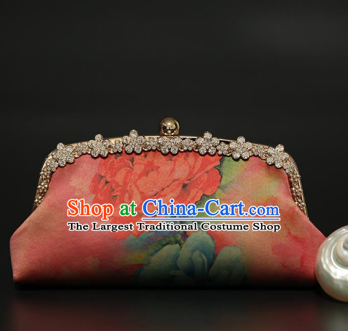 Chinese Traditional Peony Pattern Red Brocade Bag Handmade Cheongsam Silk Handbag for Women