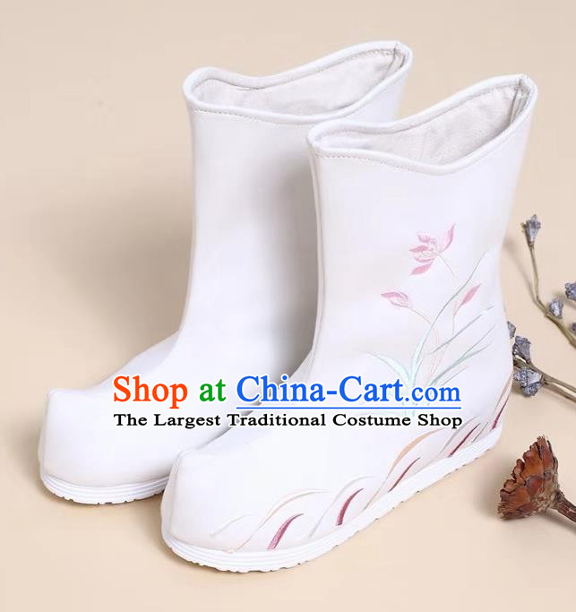 Traditional Chinese Embroidered Orchid White Boots Kung Fu Boots Opera Shoes Hanfu Shoes for Women