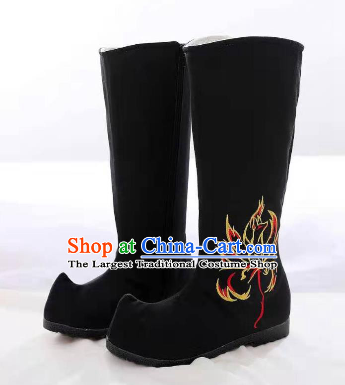 Traditional Chinese Black Embroidered Nine Tail Fox Boots Kung Fu Boots Opera Shoes Hanfu Shoes for Women