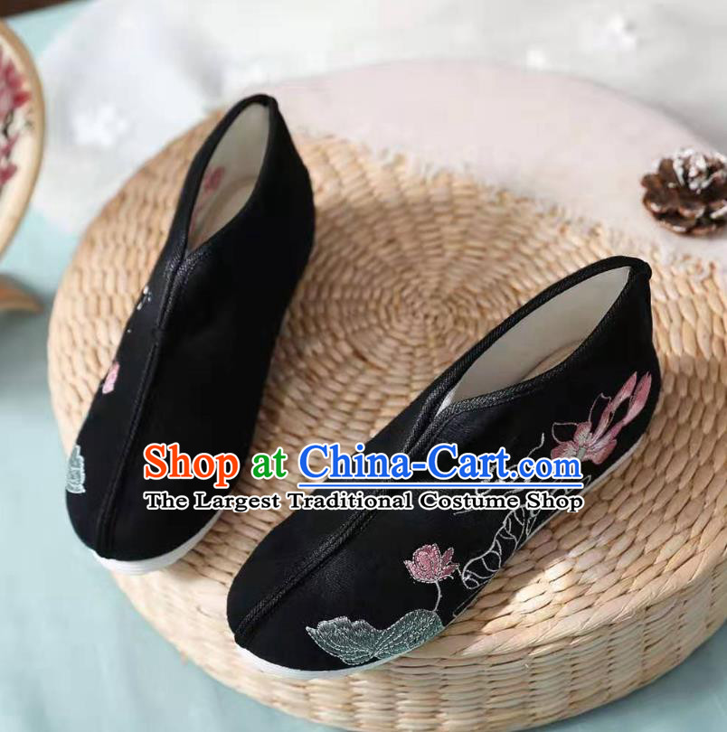 Chinese Black Embroidered Lotus Shoes Hanfu Shoes Women Shoes Opera Shoes Princess Shoes