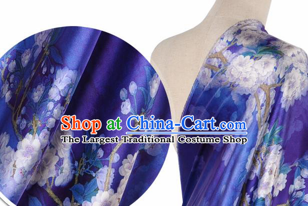 Chinese Classical Pear Flowers Pattern Design Royalblue Silk Fabric Asian Traditional Hanfu Mulberry Silk Material