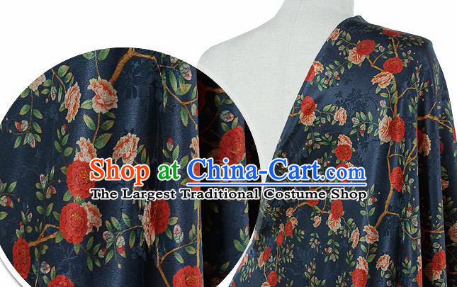 Chinese Classical Roses Pattern Design Navy Silk Fabric Asian Traditional Hanfu Mulberry Silk Material