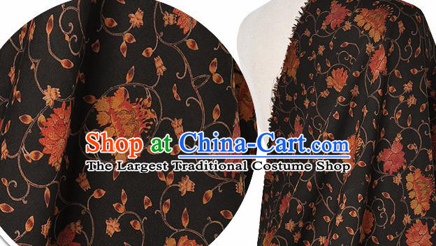 Chinese Classical Twine Lotus Pattern Design Black Silk Fabric Asian Traditional Hanfu Mulberry Silk Material