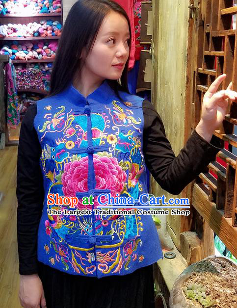 Traditional Chinese Embroidered Dragon Peony Blue Vest National Waistcoat Costume for Women