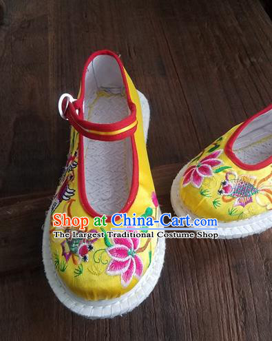 Traditional Chinese Ethnic Embroidered Flower Yellow Satin Shoes National Shoes Hanfu Shoes for Women