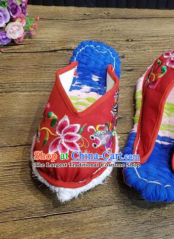 Traditional Chinese Embroidered Flowers Red Satin Slippers Handmade Ethnic National Shoes Hanfu Shoes for Women