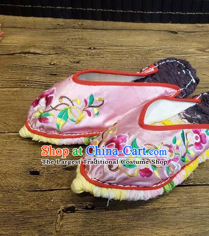 Traditional Chinese Embroidered Flowers Pink Satin Slippers Handmade Ethnic National Shoes Hanfu Shoes for Women