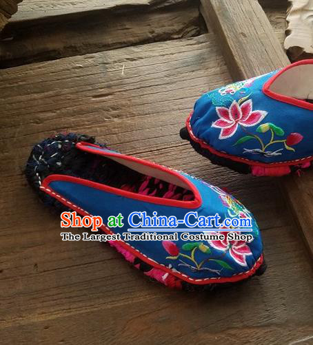 Traditional Chinese Embroidered Lotus Blue Slippers Handmade Ethnic National Shoes Hanfu Shoes for Women