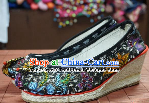 Traditional Chinese Ethnic Embroidered Beads Black Shoes Handmade Yunnan National Shoes Wedding Shoes for Women