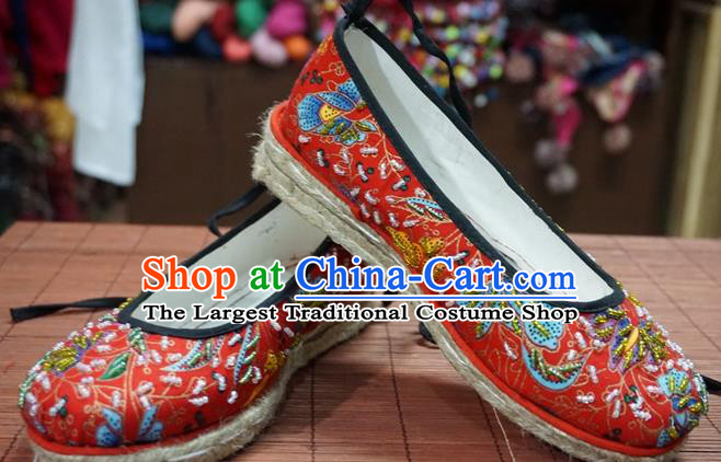 Traditional Chinese Ethnic Red Embroidered Beads Shoes Handmade Yunnan National Shoes Wedding Shoes for Women