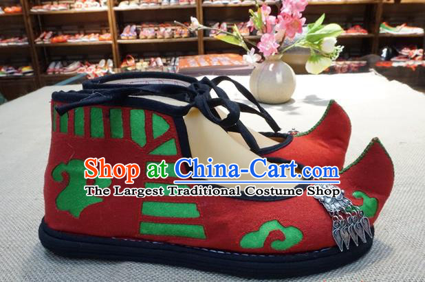 Traditional Chinese Ethnic Miao Silver Red Embroidered Shoes Handmade Yunnan National Shoes Wedding Shoes for Women