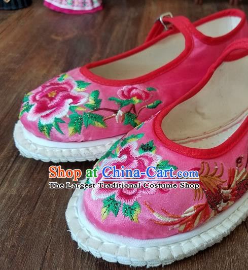 Traditional Chinese National Embroidered Phoenix Peony Pink Shoes Ethnic Shoes Hanfu Shoes for Women