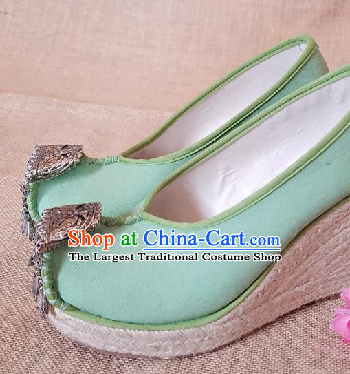 Traditional Chinese Handmade Ethnic Bride Light Green Shoes Yunnan National Silver Tassel Shoes Wedding Shoes for Women