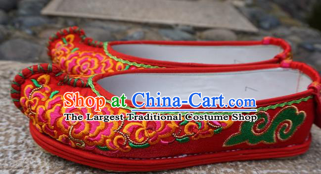 Traditional Chinese Embroidered Peony Red Shoes National Ethnic Wedding Shoes Hanfu Shoes for Women