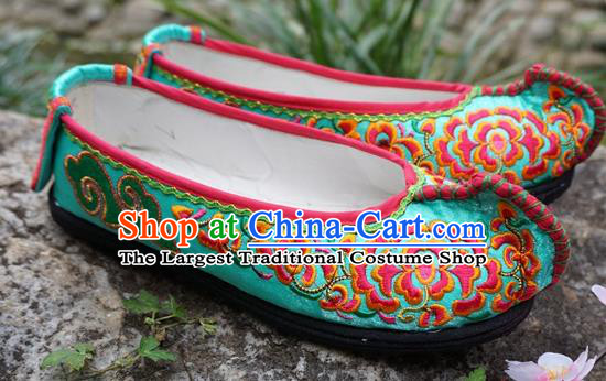 Traditional Chinese Embroidered Peony Green Shoes National Ethnic Wedding Shoes Hanfu Shoes for Women