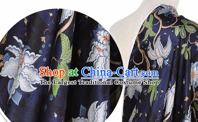 Chinese Classical Equinox Flower Pattern Design Navy Silk Fabric Asian Traditional Hanfu Mulberry Silk Material