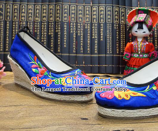 Traditional Chinese Embroidered Butterfly Blue Wedge Shoes National Wedding Shoes Hanfu Shoes for Women