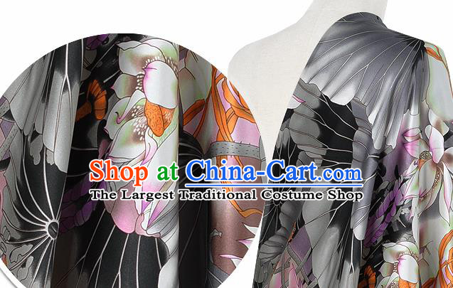 Chinese Classical Lotus Pattern Design Grey Silk Fabric Asian Traditional Hanfu Mulberry Silk Material