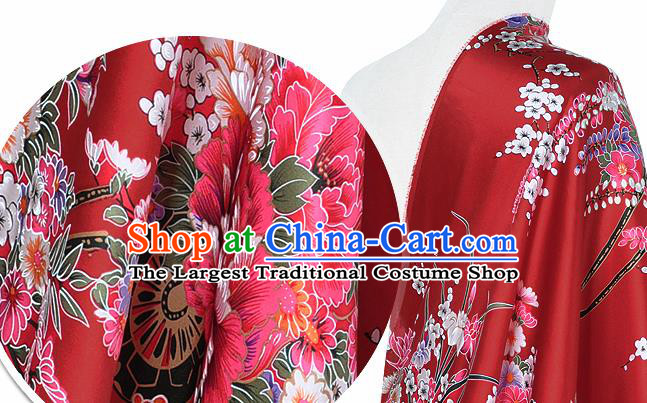 Chinese Classical Orchid Peony Pattern Design Red Silk Fabric Asian Traditional Hanfu Mulberry Silk Material