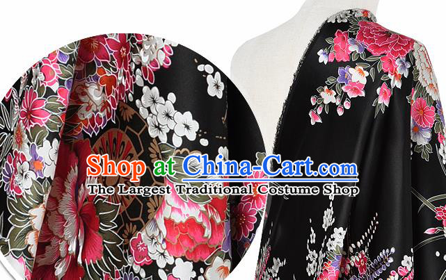 Chinese Classical Orchid Peony Pattern Design Black Silk Fabric Asian Traditional Hanfu Mulberry Silk Material