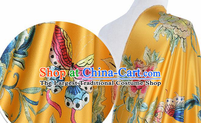 Chinese Classical Peony Pattern Design Yellow Silk Fabric Asian Traditional Hanfu Mulberry Silk Material