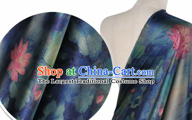 Chinese Classical Lotus Pattern Design Navy Silk Fabric Asian Traditional Hanfu Mulberry Silk Material