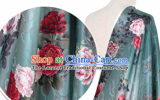 Chinese Classical Cloud Peony Pattern Design Green Silk Fabric Asian Traditional Hanfu Mulberry Silk Material